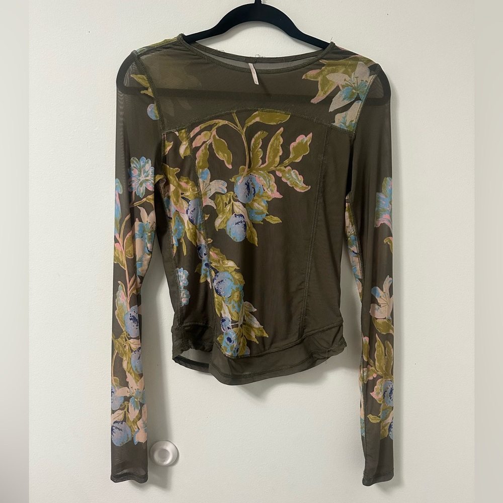 Free People Olive Floral Sheer Blouse